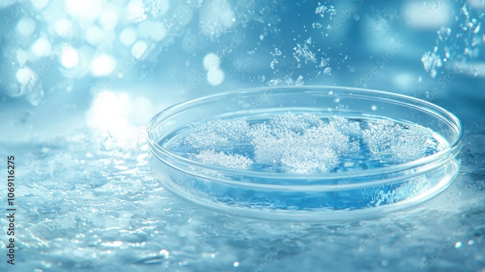 A close-up of a petri dish filled with blue liquid, showcasing bubbles and droplets against a softly illuminated background. A close-up of a petri dish filled with blue liquid, showcasing bubbles and droplets against a softly illuminated background.