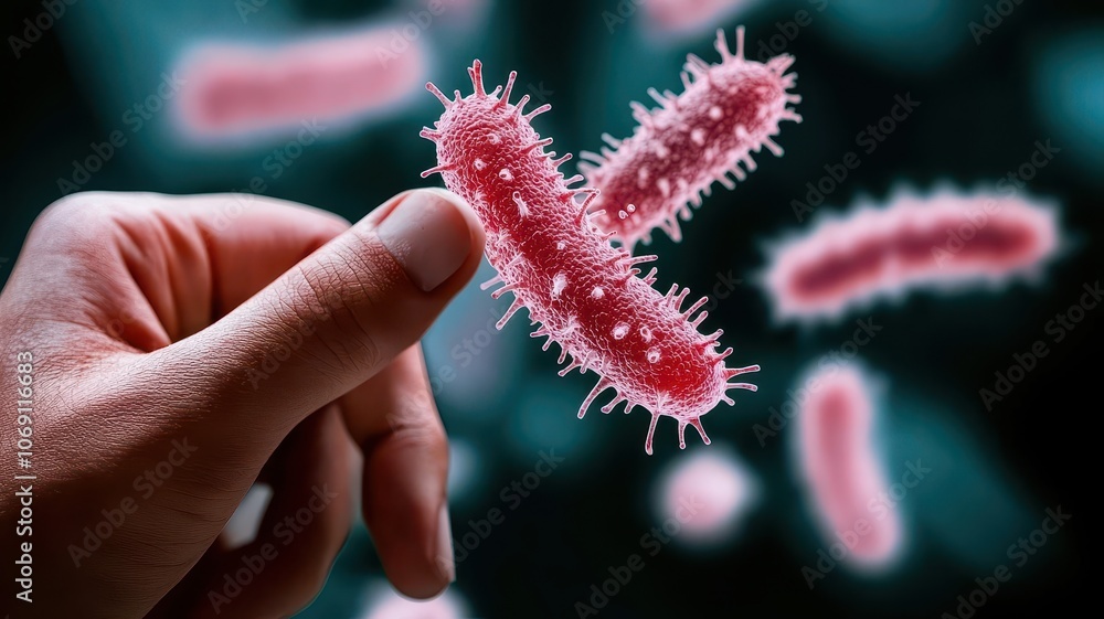 A hand holds a pink, microscopic representation of bacteria against a blurred background, showcasing the intricate details of microbial life. A hand holds a pink, microscopic representation of bacteria against a blurred background, showcasing the intricate details of microbial life.