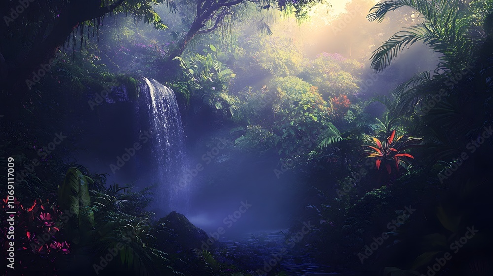 Fototapeta premium A misty rainforest at dawn with a dense canopy, vibrant flora, and a small waterfall.