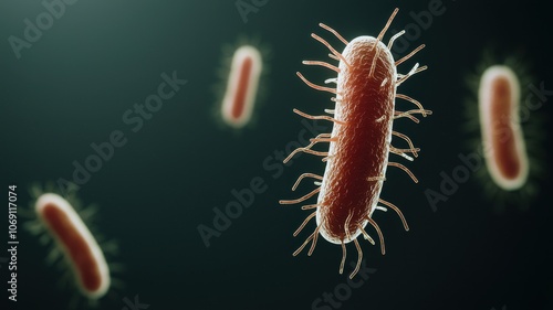 A close-up view of bacteria with filamentous structures, set against a dark background, highlighting their unique shapes and features. photo