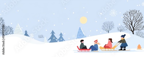 Group of friends sledding and taking turns on different sleds, laughing and cheering each other on, with copy space for text