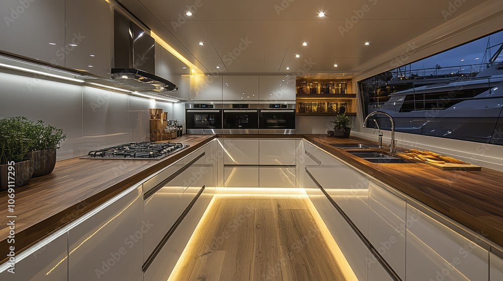 Obraz premium Modern Yacht Kitchen with Wooden Countertop and Ocean View