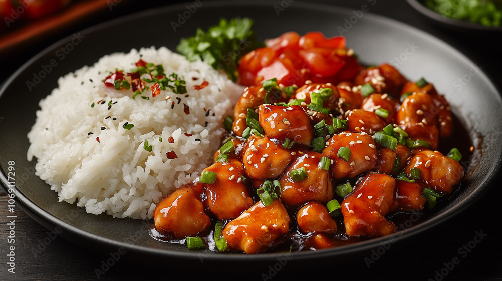 Teriyaki chicken served with rice and fresh vegetables on a black plate Teriyaki chicken served with rice and fresh vegetables on a black plate
