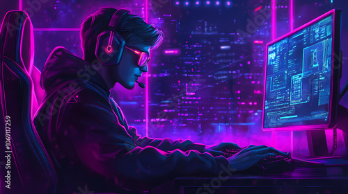 Cyberpunk gamer with neon lights. Cyberpunk. Illustration