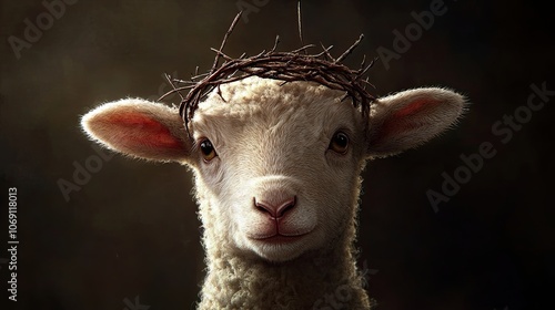 illustration of a lamb with a docile look and countenance, on its head a crown of thorns