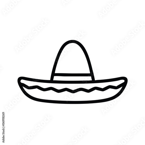 Sombrero Hat Outline Icon, Black and white outline icon of a traditional sombrero hat with decorative patterns, symbolizing Mexican culture and festive celebrations.
