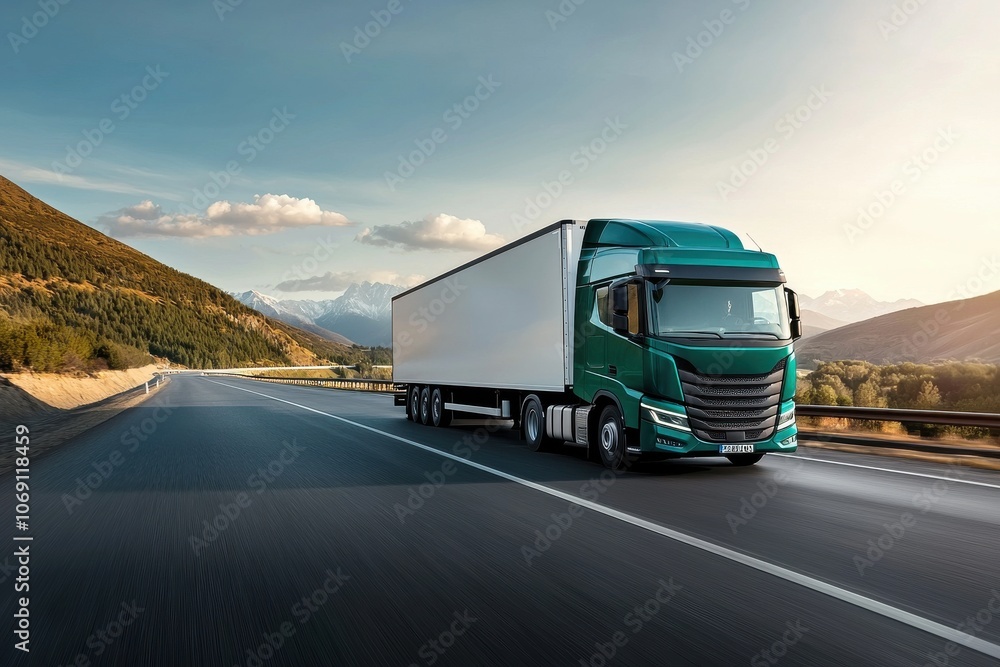 Obraz premium The future of transportation electric truck navigates scenic mountain roads