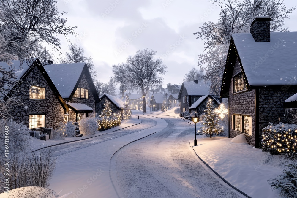 Snowy village street lined with holiday lights, cozy cottages and decorated trees creating a magical atmosphere Snowy village street lined with holiday lights, cozy cottages and decorated trees creating a magical atmosphere