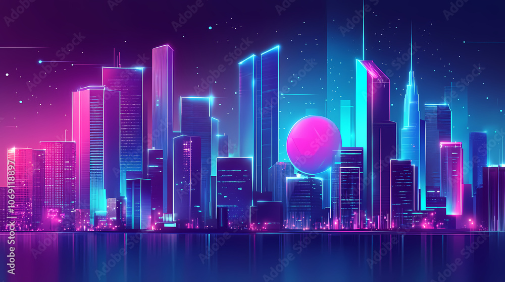 Cyberpunk metropolis with blue and pink neon lights. night scene with futuristic superstructures. Cyberpunk. Illustration Cyberpunk metropolis with blue and pink neon lights. night scene with futuristic superstructures. Cyberpunk. Illustration