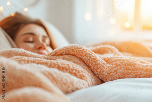 White young woman is peacefully asleep under a warm blanket in a cozy room during the winter morning, surrounded by soft light
