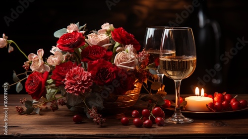 A romantic dinner setting with flowers, red wine, and candles on a wooden table for an intimate evening. photo