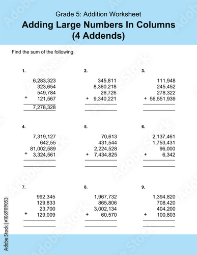 Maths Addition Worksheets Vector For Grade 5 Students, Teachers, and Parents. Mathematics Worksheet Illustration.
