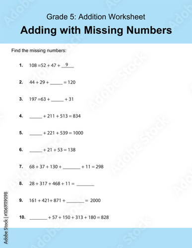 Maths Addition Worksheets Vector For Grade 5 Students, Teachers, and Parents. Mathematics Worksheet Illustration.