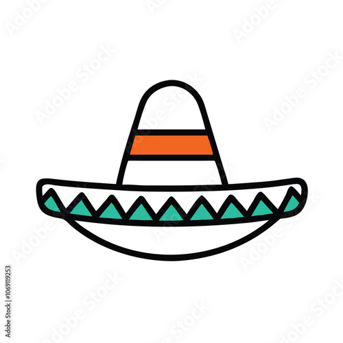 Colorful Sombrero Hat Icon with Decorative Pattern, Illustration of a traditional sombrero hat in bright colors with decorative patterns, representing Mexican culture, festivities, and celebrations.