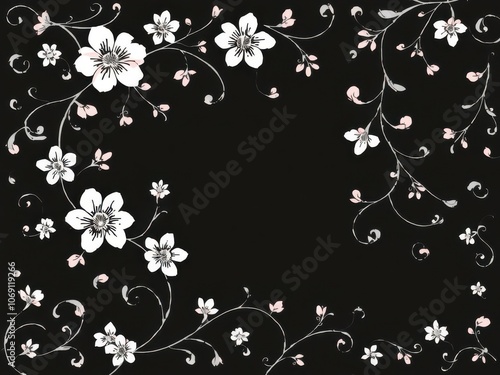 Abstract black floral pattern with intricate intertwining vines and delicate blooms, vines, black