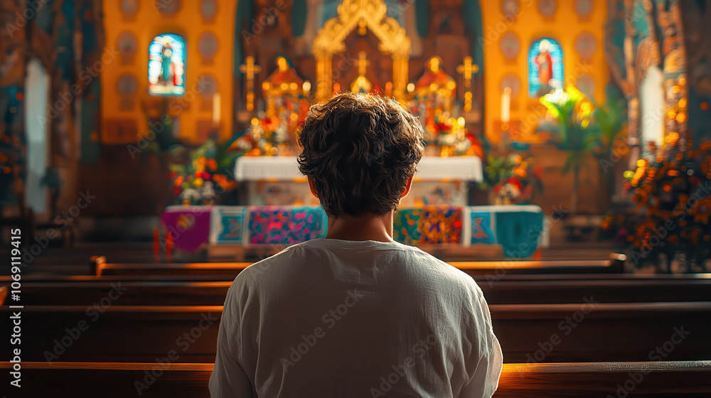 man sits quietly in church, reflecting in serene atmosphere man sits quietly in church, reflecting in serene atmosphere