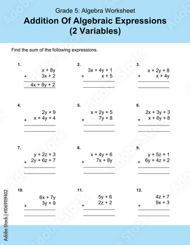 Maths Addition Worksheets Vector For Grade 5 Students, Teachers, and Parents. Mathematics Worksheet Illustration.