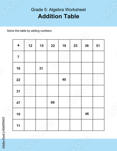 Maths Addition Worksheets Vector For Grade 5 Students, Teachers, and Parents. Mathematics Worksheet Illustration.