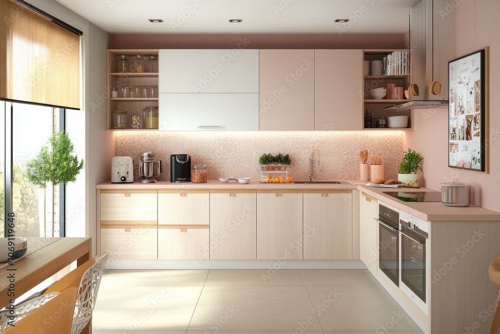 Fototapeta premium Modern Kitchen with Pink Cabinets, Light Wood Countertops, and Tile Backsplash