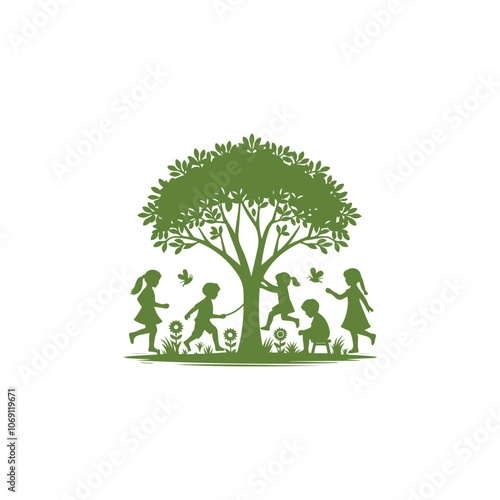 kids playing under a tree. Playground Logo Template. tree with a child play the swing under the tree, this logo symbolize a protection, peace, tranquility, growth, and development, vector logo