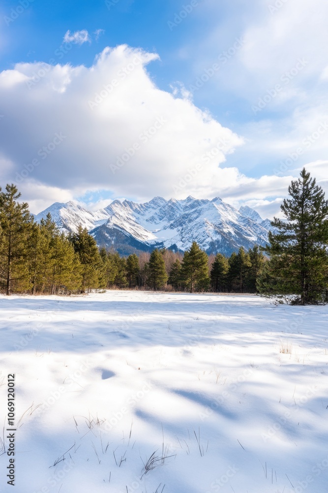Majestic snow-capped mountains and pine trees in a winter landscape