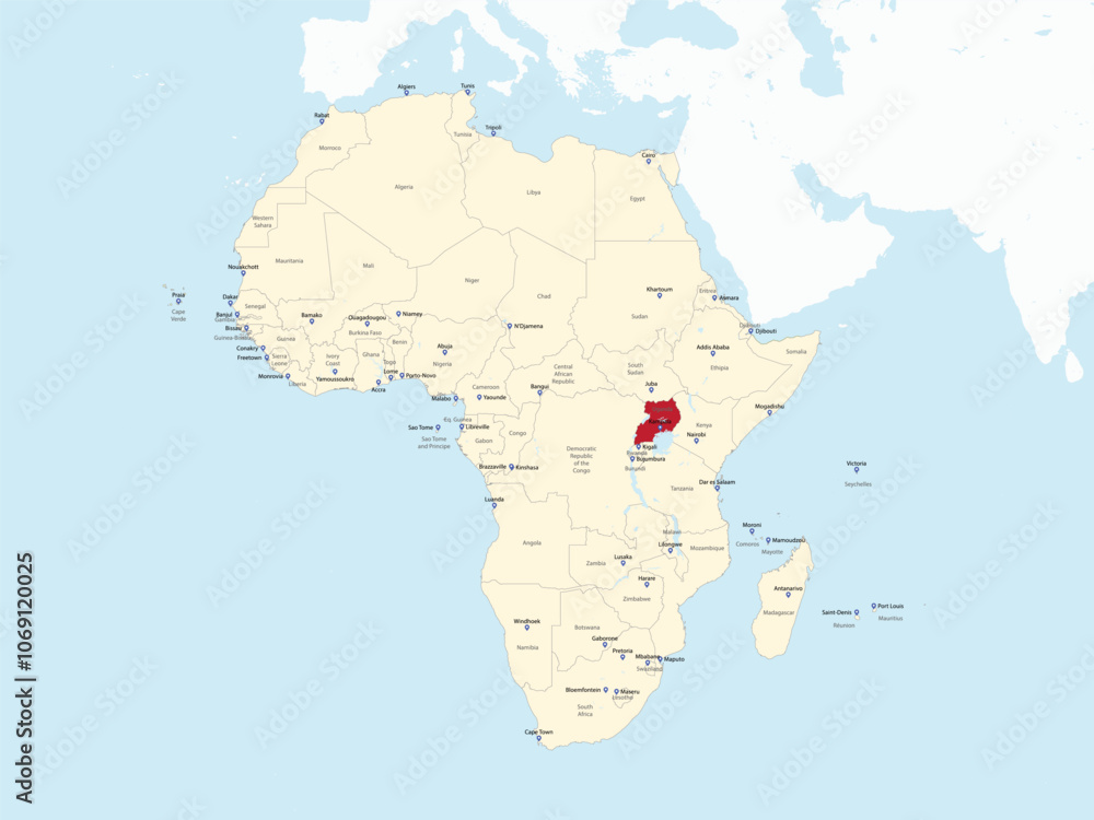 Obraz premium Detailed national location map of UGANDA within the great continent of Africa