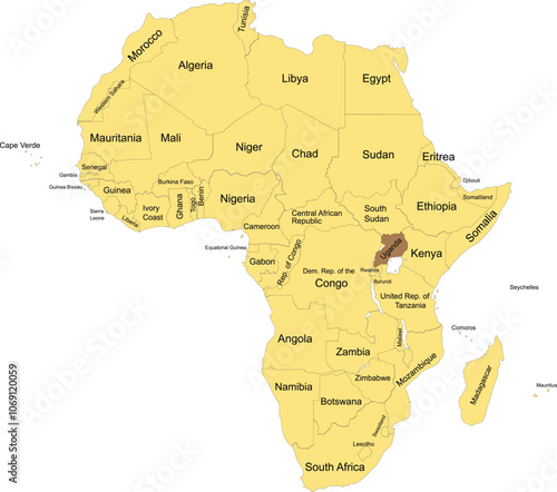 Detailed national location map of UGANDA within the great continent of Africa