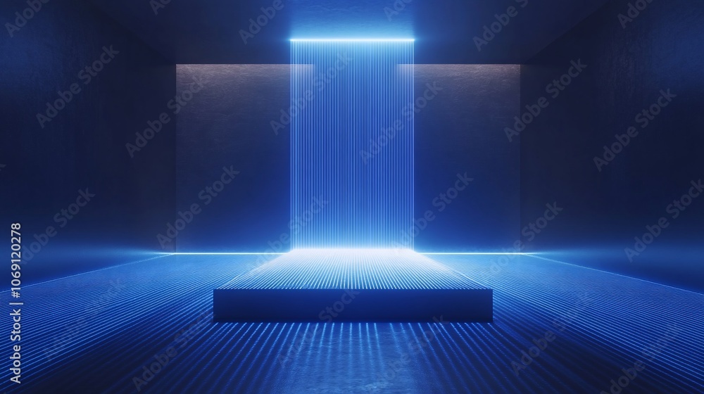 Obraz premium A futuristic, minimalist room with a blue neon light shining down on a platform in the center.