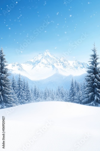 Snowy winter landscape with majestic mountains and pine trees