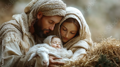 Christmas nativity scene with Joseph, Mary and baby Jesus Christ. Copy space