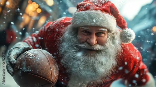 Santa Claus with American football ball. Merry Christmas