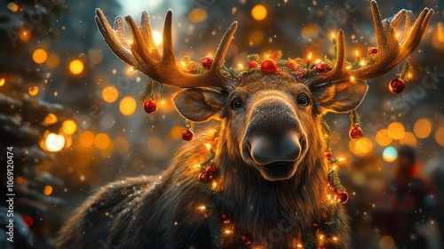 Happy moose with Christmas lights and red decorations on antlers. Marry Xmas