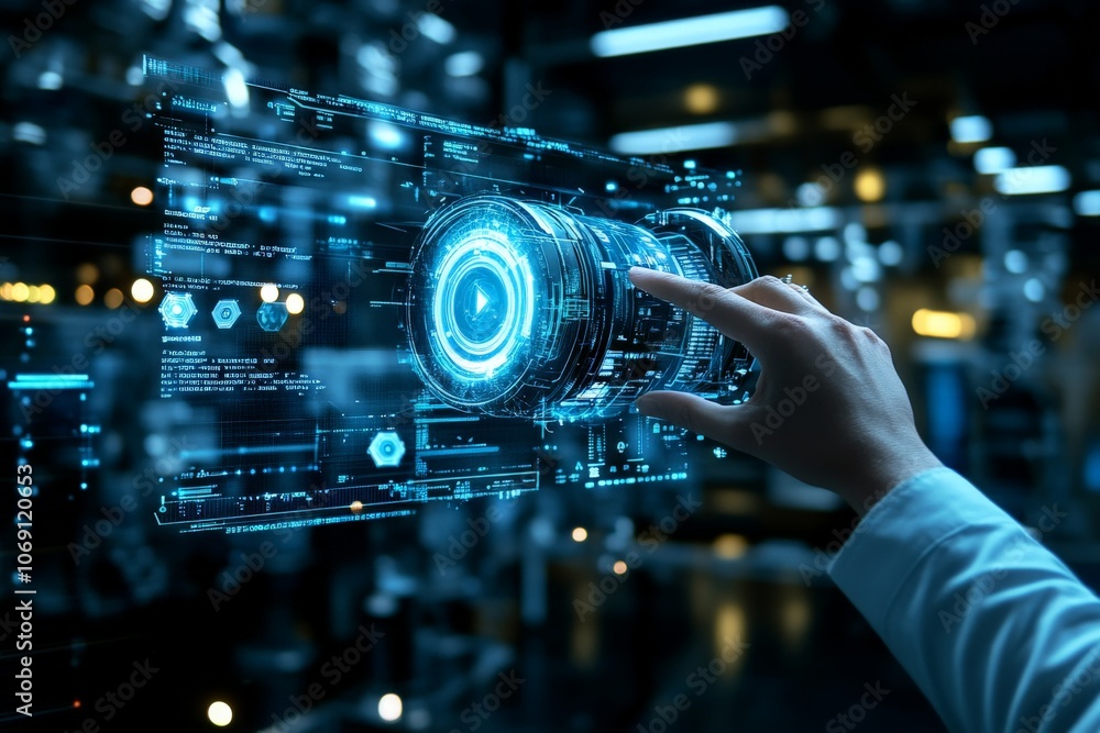 Person interacting with a holographic digital interface in a futuristic setting symbolizing virtual interaction and advanced technology integration Person interacting with a holographic digital interface in a futuristic setting symbolizing virtual interaction and advanced technology integration