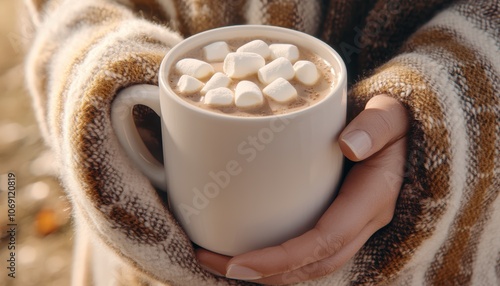 Child holding a large mug of hot chocolate with marshmallows, cozy blanket wrapped around them photo