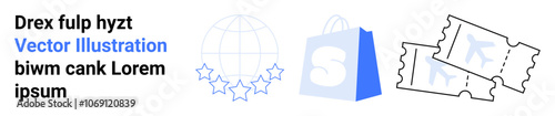 Shopping bag and tickets around a globe with stars. Ideal for e-commerce, online shopping, global business, travel booking, event ticketing. Blue and white colors. Landing page