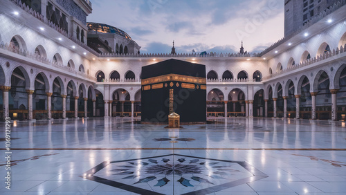 A calming scene of the Kaaba, softly lit in the evening within Masjid Al-Haram, surrounded by intricate tilework and serene mosque structures. photo