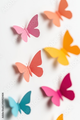 Colorful paper butterflies decorating a white background