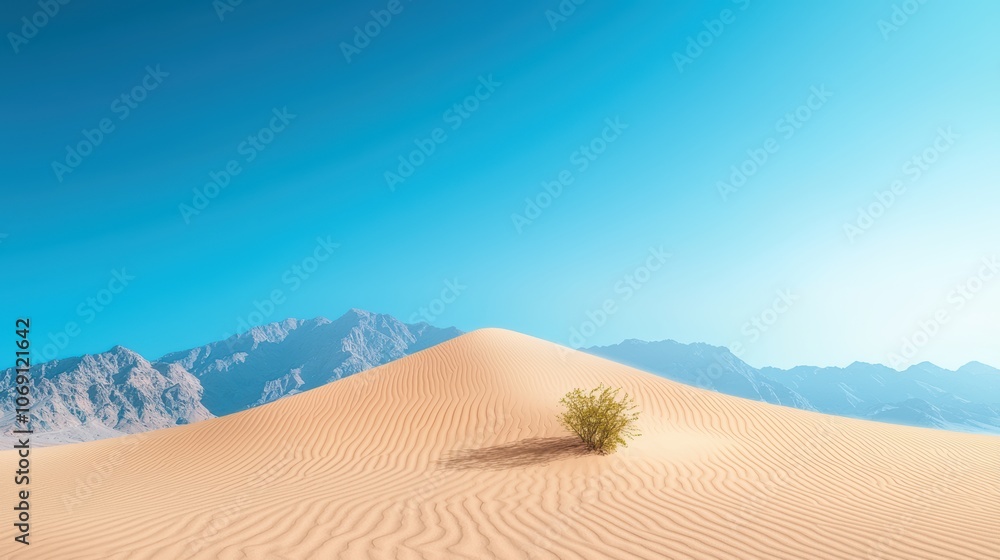 Fototapeta premium A panoramic view of a vast desert landscape with sand dunes, rugged mountains, and a clear blue sky, showcasing the stark beauty and resilience of life in arid environments.