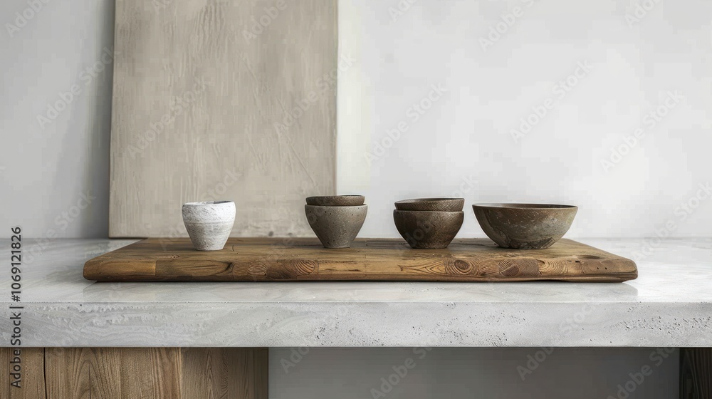 Ceramic Bowls on Wooden Cutting Board Ceramic Bowls on Wooden Cutting Board