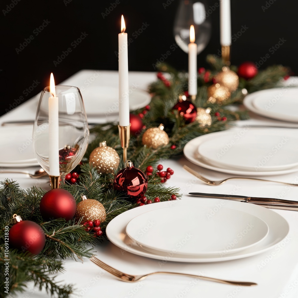 Festive holiday table setting with candles, decorated with red and gold ornaments and holiday crackers Festive holiday table setting with candles, decorated with red and gold ornaments and holiday crackers
