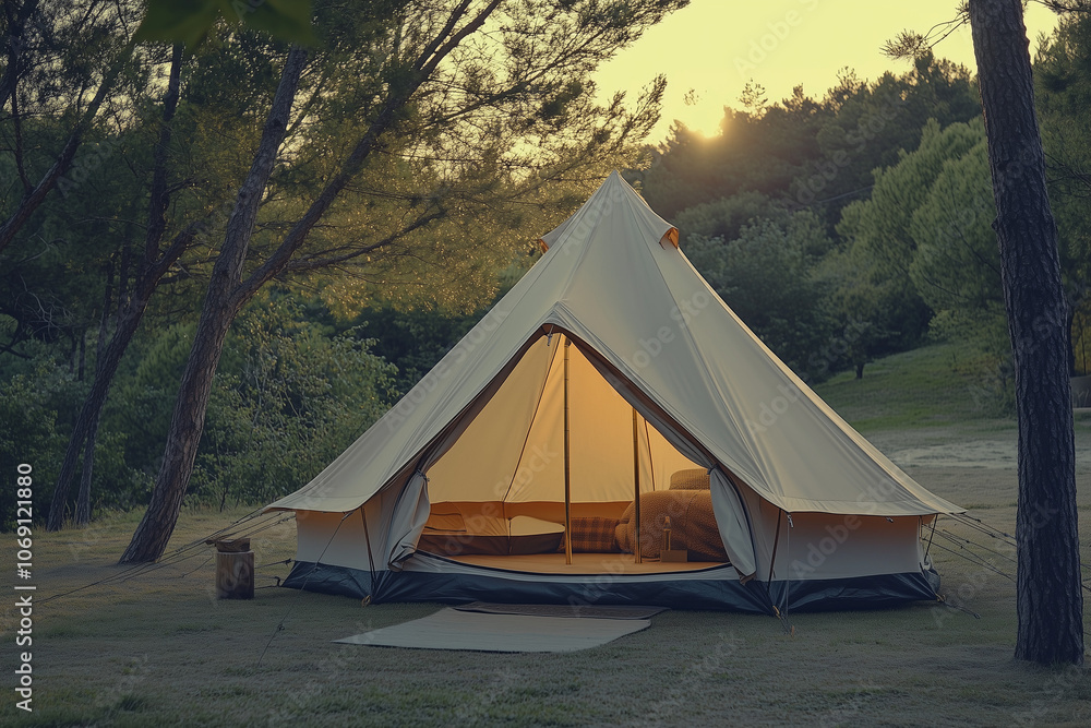 Luxury camping tent with bed inside, Selective focus minimal camping tent in the camping zone with mountain view. Luxury camping tent with bed inside, Selective focus minimal camping tent in the camping zone with mountain view.