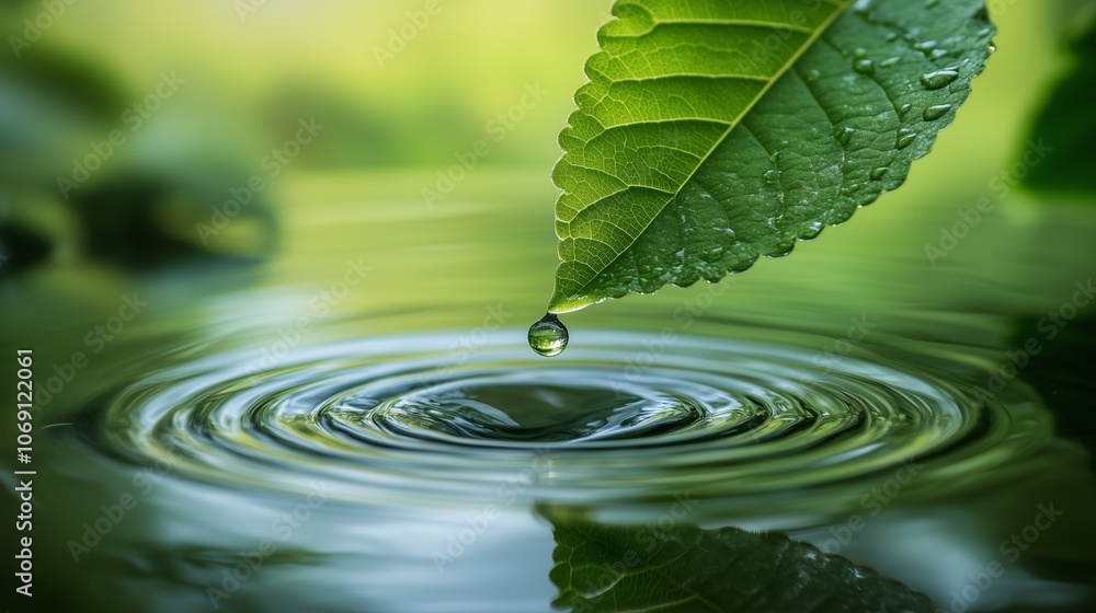 A single water droplet forms at the edge of a green leaf, falling to create ripples in a serene pond during the early morning A single water droplet forms at the edge of a green leaf, falling to create ripples in a serene pond during the early morning