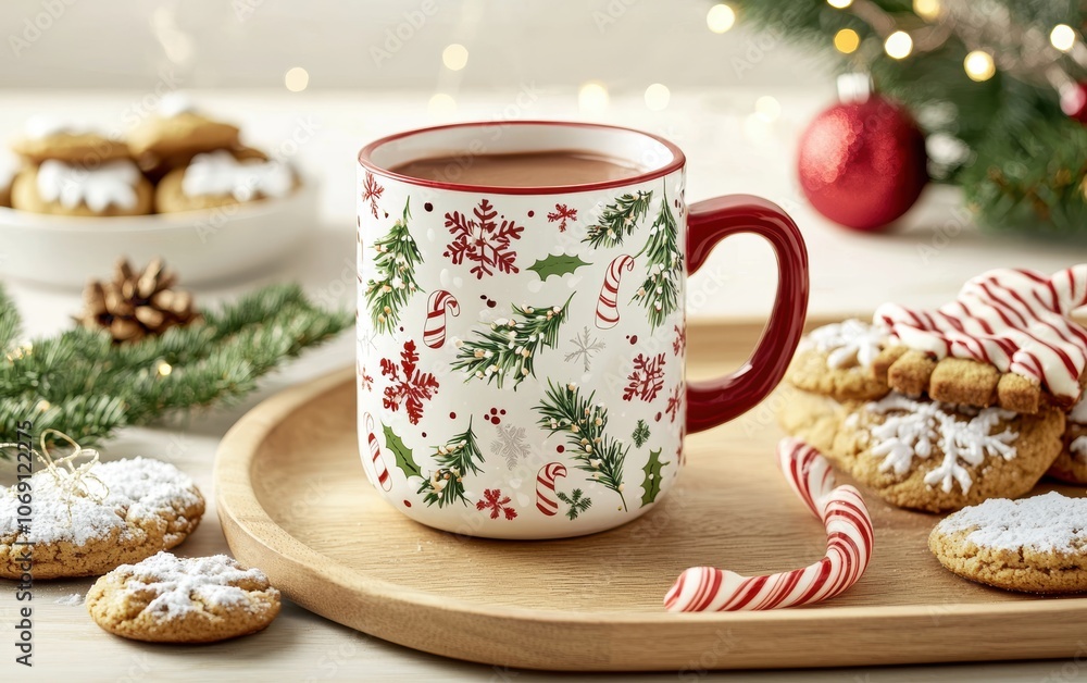 Hot chocolate in a festive mug, surrounded by holiday cookies and candy canes on a wooden tray, with copy space for text Hot chocolate in a festive mug, surrounded by holiday cookies and candy canes on a wooden tray, with copy space for text