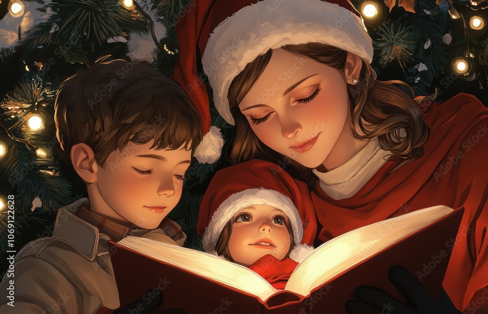 Parents reading a Christmas storybook to children, tree lights softly glowing in the background Parents reading a Christmas storybook to children, tree lights softly glowing in the background