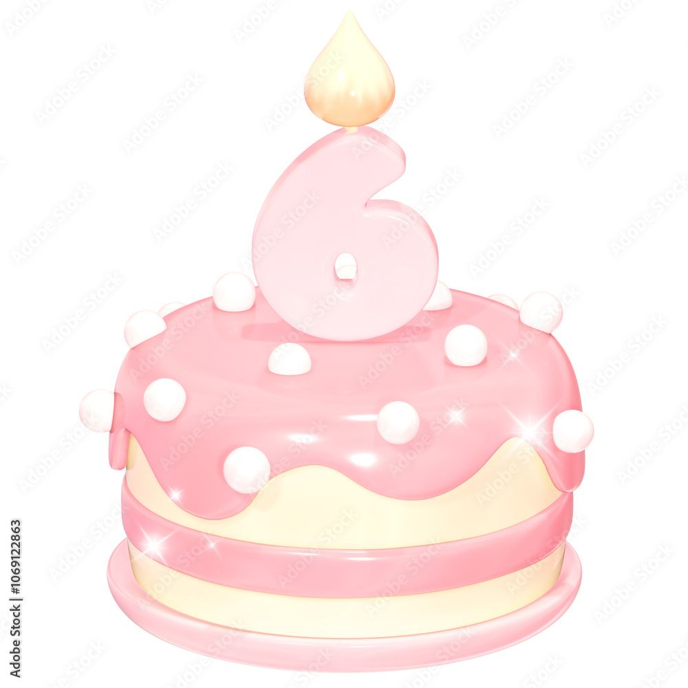 3D Cute Pink Birthday Cake with Number 6 Candle 3D Cute Pink Birthday Cake with Number 6 Candle