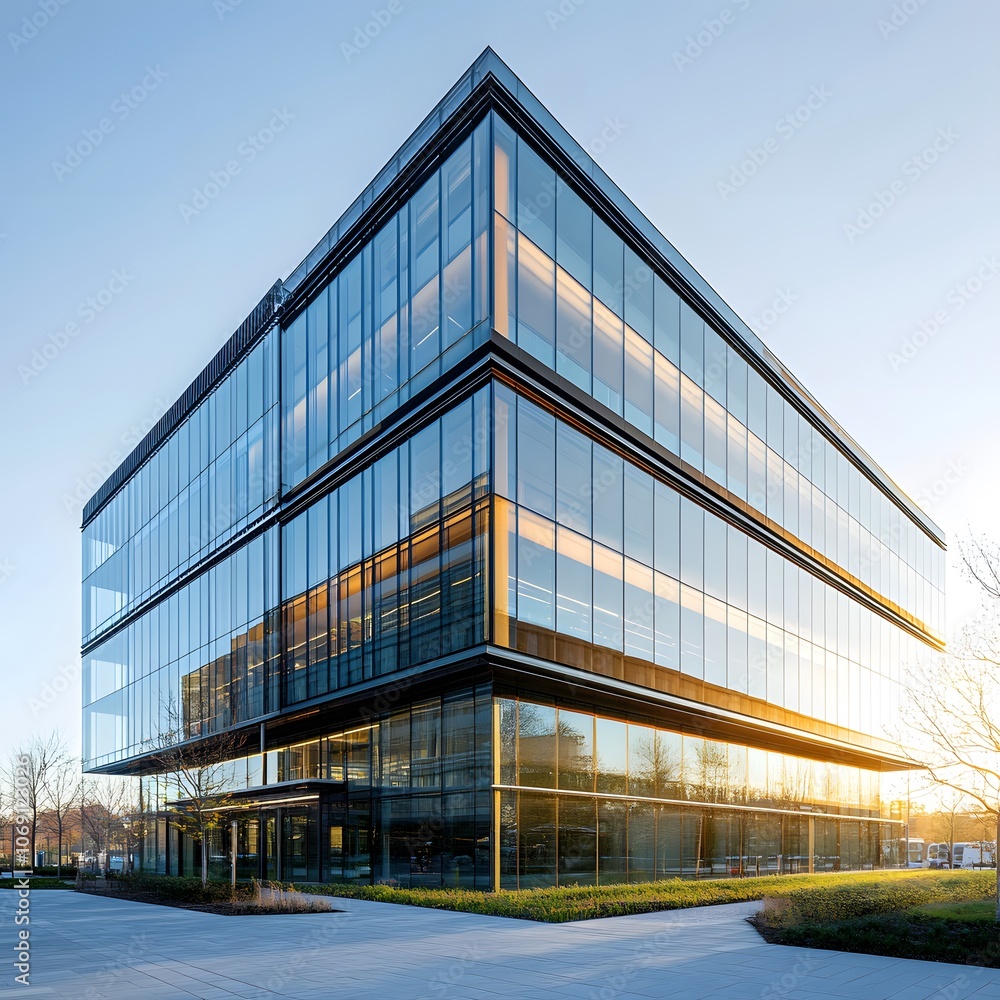 A modern office building with a glass and steel exterior, showcasing sleek and contemporary architecture A modern office building with a glass and steel exterior, showcasing sleek and contemporary architecture