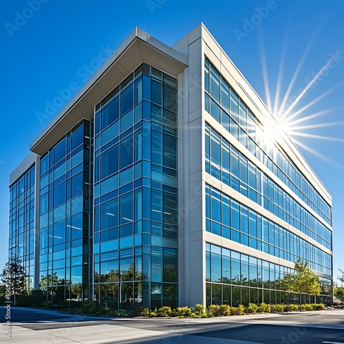 A modern office building with a glass and steel exterior, showcasing sleek and contemporary architecture photo