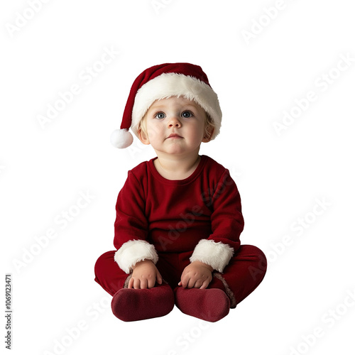 Little baby wearing Santa Claus suit and hat, looking at center, isolated on white background.