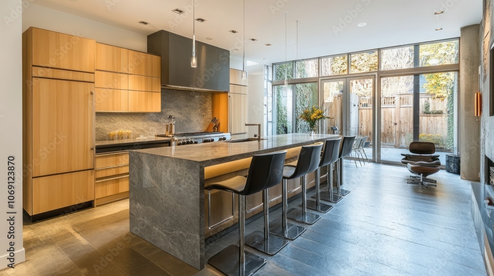 Modern Kitchen Island with Stone Countertop and Bar Stools Modern Kitchen Island with Stone Countertop and Bar Stools