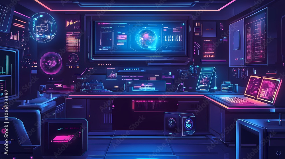 Futuristic cyberpunk laboratory with neon accents and advanced technology in a dark ambiance , cyberpunk, futuristic. Cyberpunk. Illustration Futuristic cyberpunk laboratory with neon accents and advanced technology in a dark ambiance , cyberpunk, futuristic. Cyberpunk. Illustration